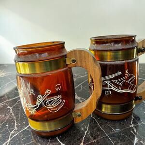Vintage Set of 2 Amber Glass Beer Mugs with Wood Handles, Scandinavian Style